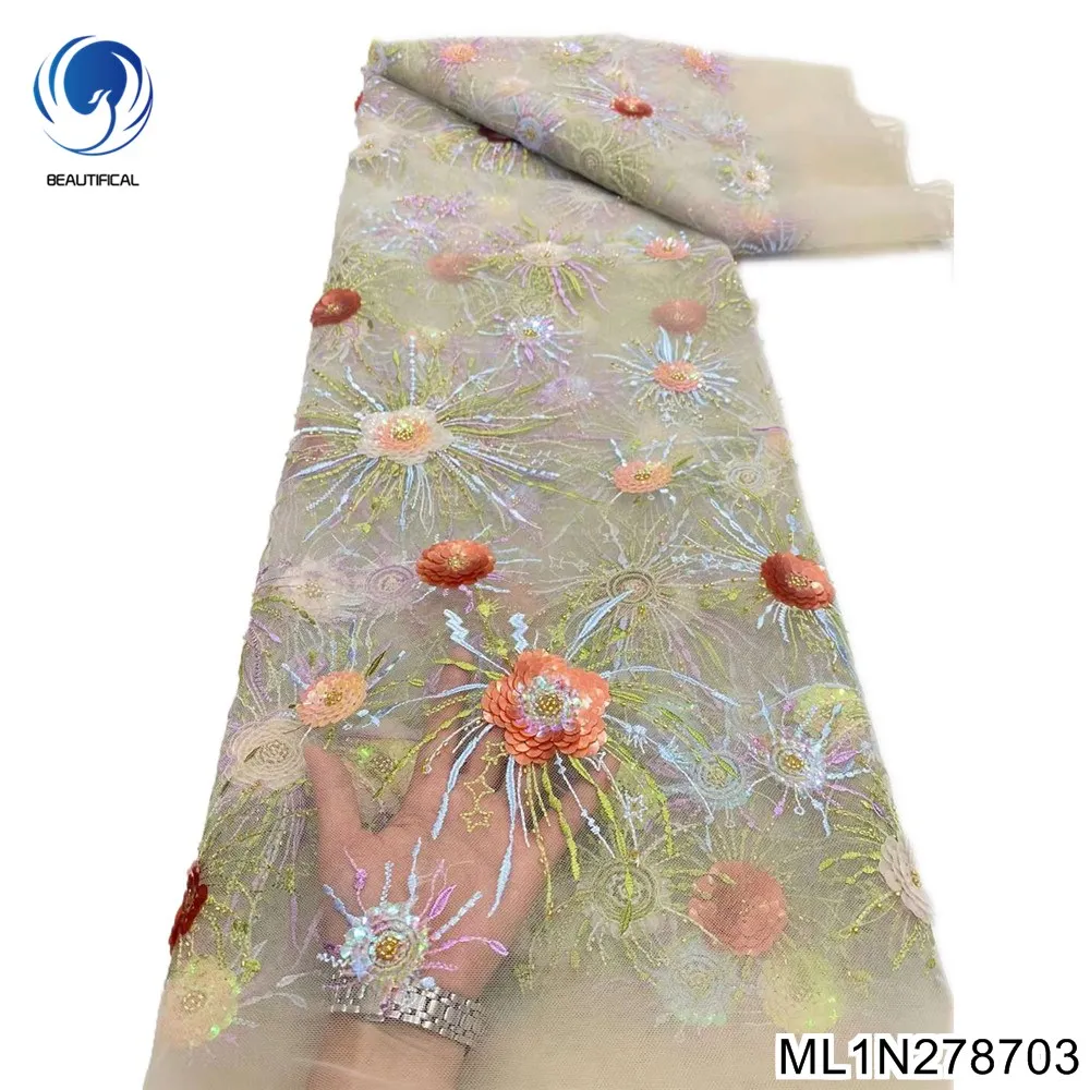 

African fireworks tulle lace fabric 2022 high quality handmade flower sequins lace fabric for wedding prom dress ML1N2787