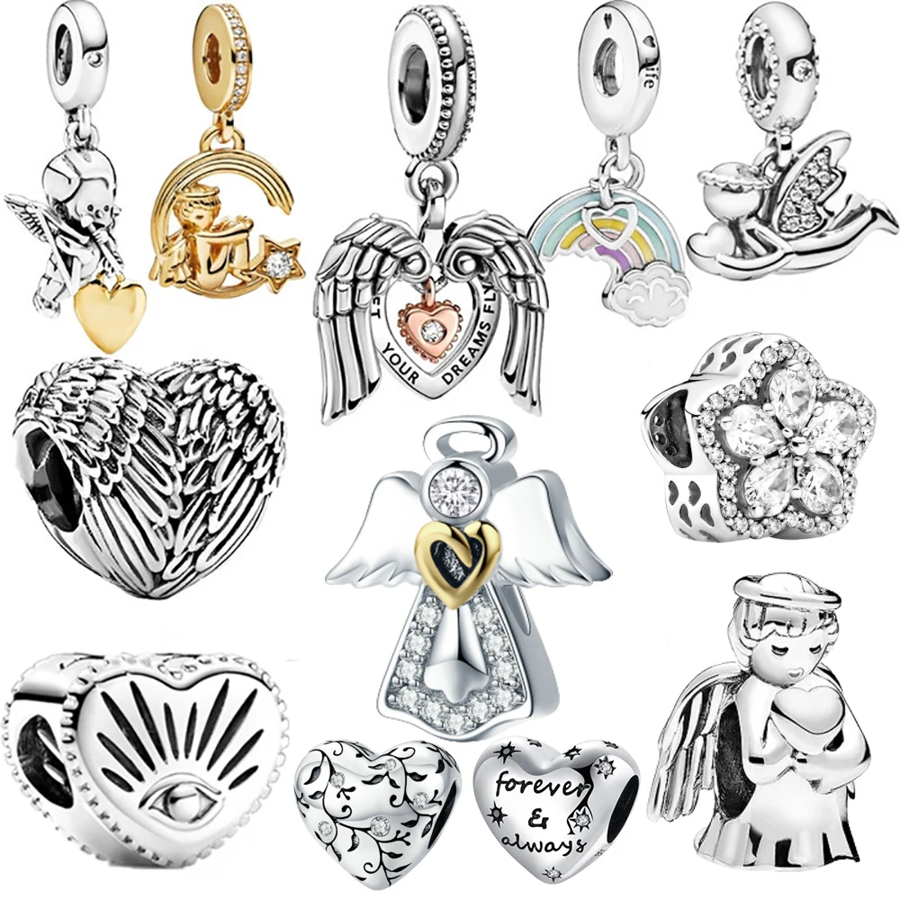 

925 Sterling Silver Beads Angel Wings Rainbow of Love Heart Charms Fit Original Pandora Bracelets For Women DIY Jewelry