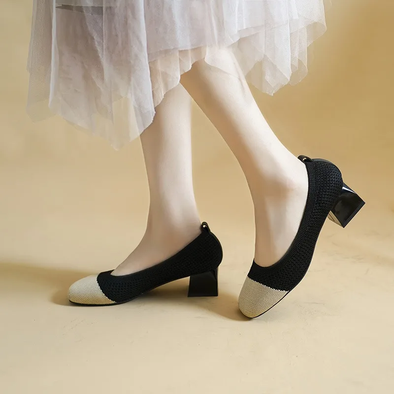 Женская Весенняя обувь новинка модные вязаные дышащие туфли на высоком каблуке с