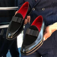 men elegant loafers color blocking pu stitching faux suede bow knot slip on fashion business casual wedding party dress shoes