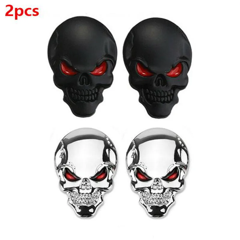 2pcs Skull Skeleton Head Skull 3D Metal Car Body Sticker Auto Rear Emblem Badge Decal Chrome and Black For Auto Car Motorcycle 2pcs 3d metal chrome auto car stickers skull emblem badge decals car body sticker accessories for jeep cherokee car styling