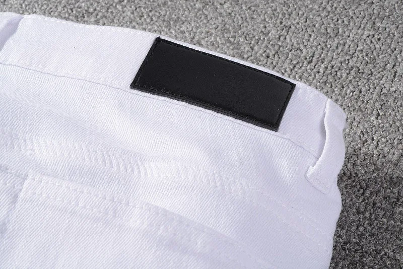 Mens White Slim Fit High Street Denim Pants Korean Fashion Style Destroyed Bandana Ribs Patches Distressed Skinny Ripped Jeans