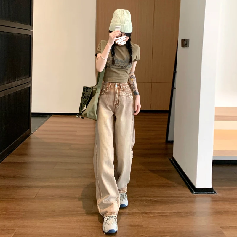 Aesthetic Vintage Cargo Women's Pants Y2k High Waist Straight Baggy Jeans Casual Chic Fake Zippers Pocket Female Trousers 2023