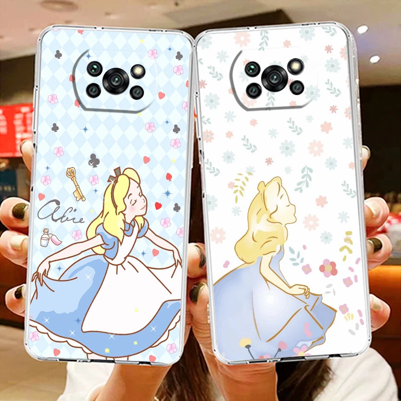 

Disney Alice in Wonderland Cute Transparent Phone Case For Xiaomi Mi Poco X5 X4 X3 NFC F4 F3 GT M5s M4 M3 Pro C55 C50 5G