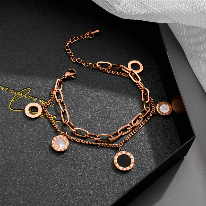 

Trendy Stainless Steel New Fashion Upscale men Bracelets Roman Numerals Natural Shell Charm multilayer Chain Bracelets For Women