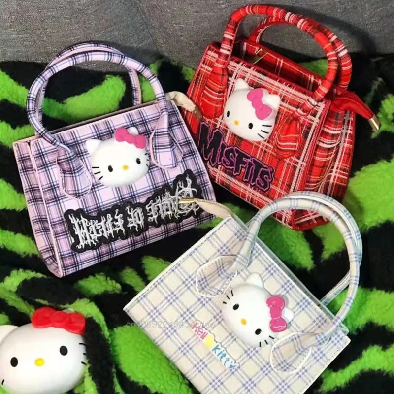 Hello Kitty Fashion Handbags For Women Y2K Plaid Mini Messenger Bags Girl New Sanrio Cute Cartoon Harajuku Style Shoulder Bag