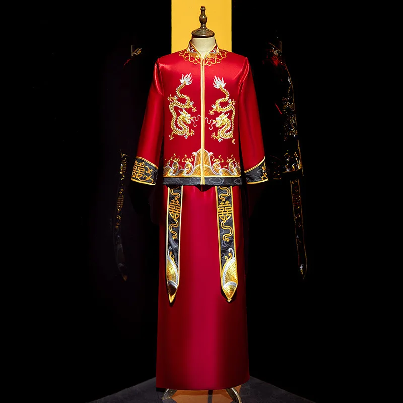 Groom Traditional Dragon Embroidery Wedding Dress Retro Chinese Style Mandarin Collar Cheongsam