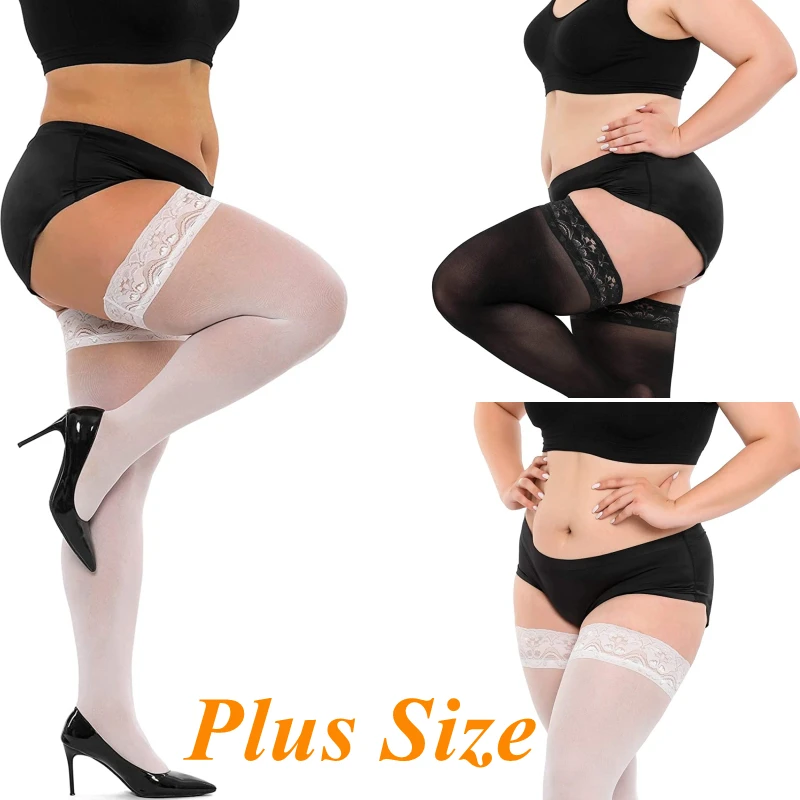 Large Size Women Stockings Big Plus Size  Thigh High Lace Exotic  for  Fishnet Black Stockings with Anti-slip Socks