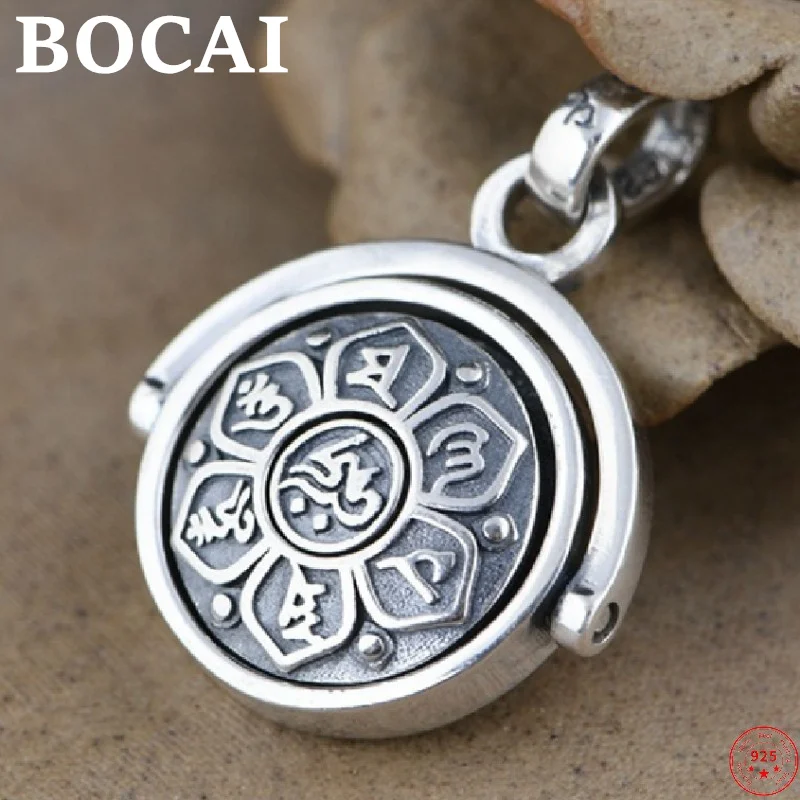 

BOCAI S925 Sterling Silver Charm Pendants Six Syllable Mantra Rotatable Hanging Drop Pure Argentum Buddhist Amulet for Men Women