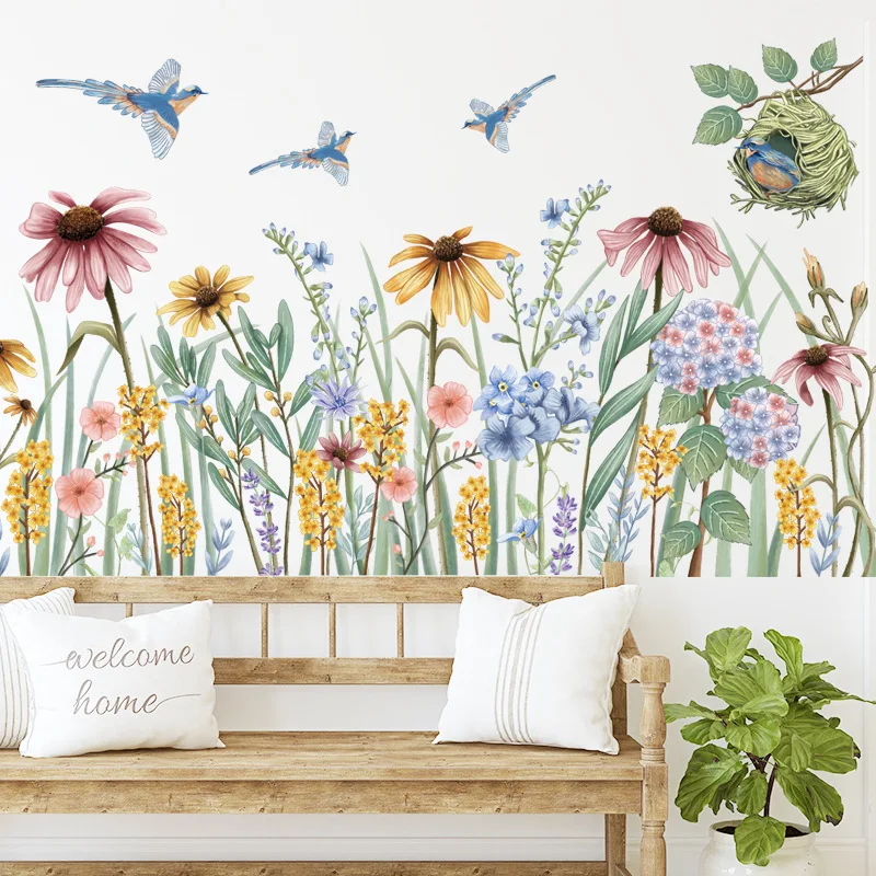 

Daisy Flower Wall Stickers Home Skirting Line Decorative Posters Decals for Corridor Bedroom Cartoon Bird Stickers Wallpapers