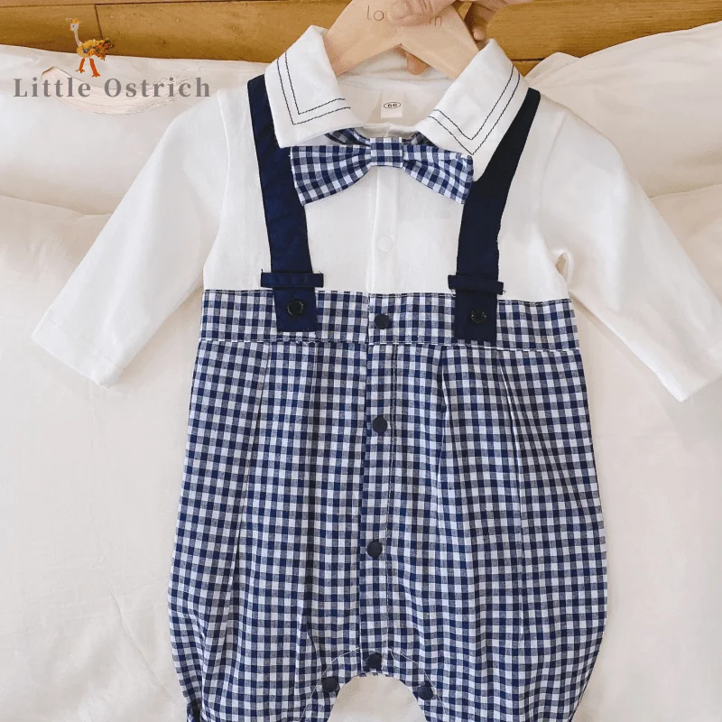 

Хлопковый комбинезон для новорожденных мальчиков, рубашка в клетку, Детский комбинезон из искусственного двух частей для малышей, Осенняя детская одежда с длинным рукавом и бантом