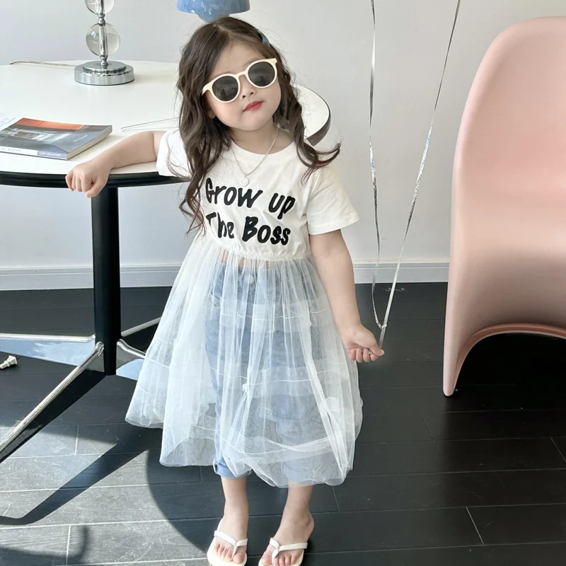 

Summer Girls Tutu Dress Toddler Long Dress Baby Dress Kids Dress Children Fashion Clothes See Through Lace Patch Letter 2-7Y