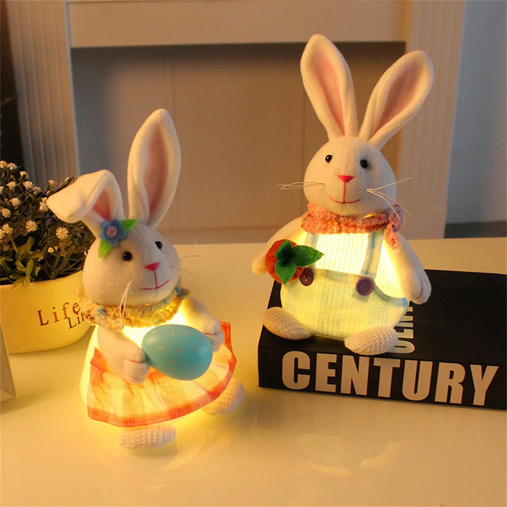 

Easter Luminous Rabbit Doll Holding Eggs Carrot Basket Bunny Doll Tabletop Decoration Happy Easter Party Decor Kids Favor Gift