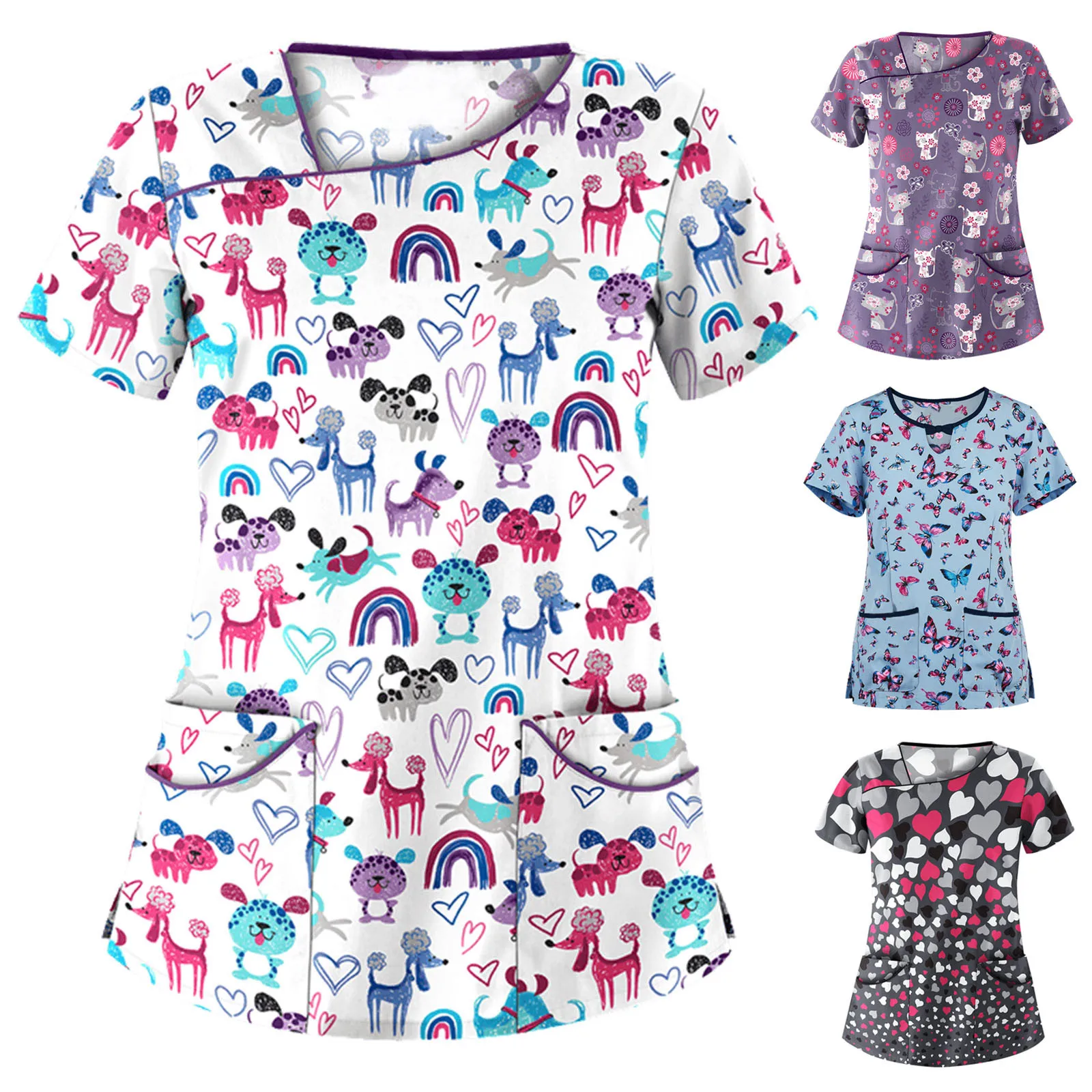 

Woman Cartoon Nursing Uniforms Medicine Tops Working Uniform Elephant Printed T-shirts Nursing Summer Nurse Scrubs Blouse Female