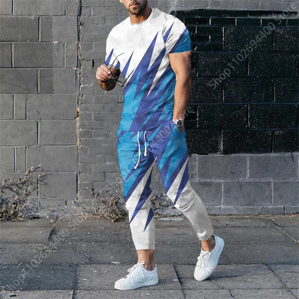 Men's Summer Tracksuit Stripe Print T-shirt Trousers Set Male Fashion Jogging Suit Casual Streetwear Vintage Outfit Clothing