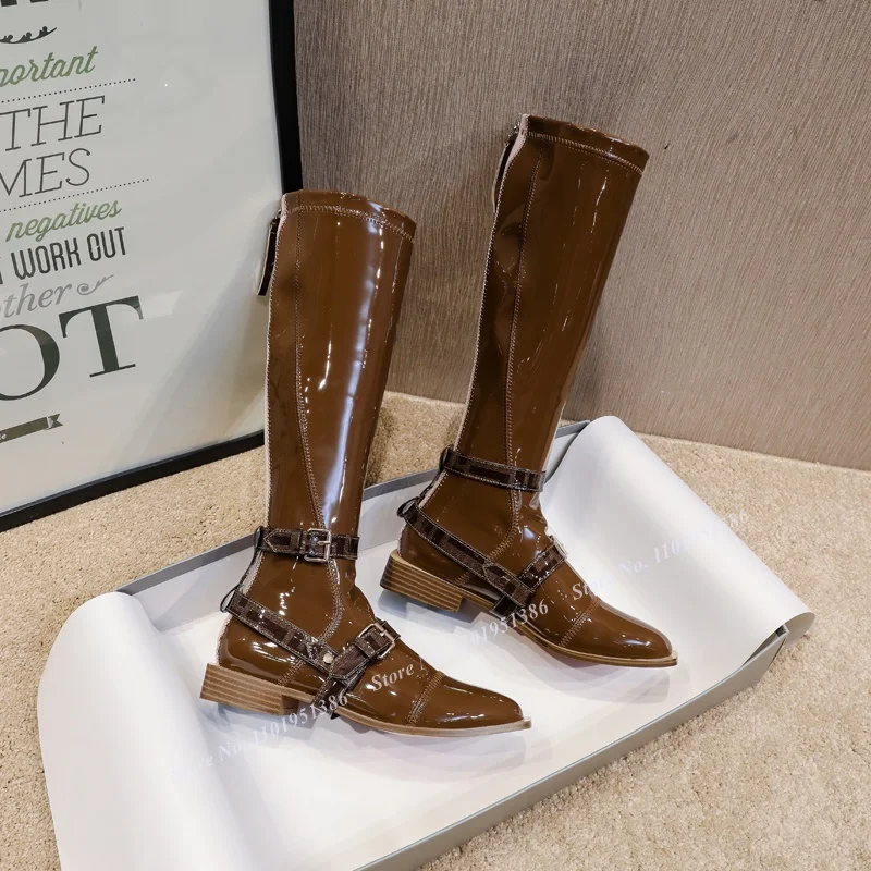 Moraima Snc Brown Band Decor Wodden Heel Boots for Women Knee High Boots Strange Style Heel Boots Zipper Buckle Shoes on Heels