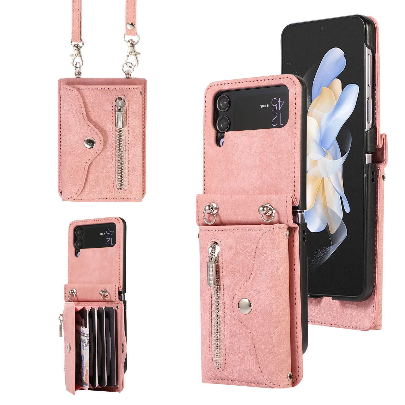 

Wallet Crossbody Lanyard Phone Case for Samsung Galaxy Z Flip 5 4 3 Flip5 Flip4 Flip3 5G RFID Blocking Card Holder Leather Cover