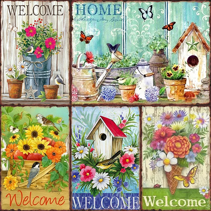 

Welcome Metal Tin Sign Poster for Flowers Print Door Plate Living Room Retro Painting Vintage Kitchen Bar Plaque Art Wall Decor