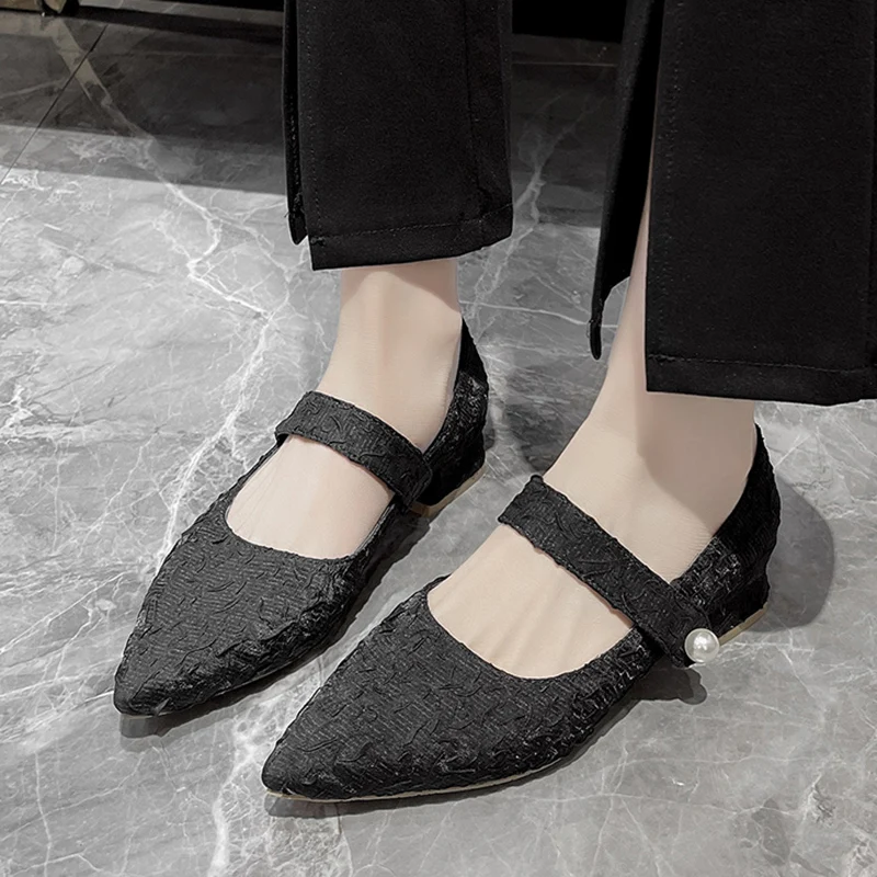 

Rimocy Elegant Pearl Low Heels Pumps Women 2022 New Hook Loop Square Heel Mary Janes Shoes Woman Summer Pointed Toe Casual Shoes
