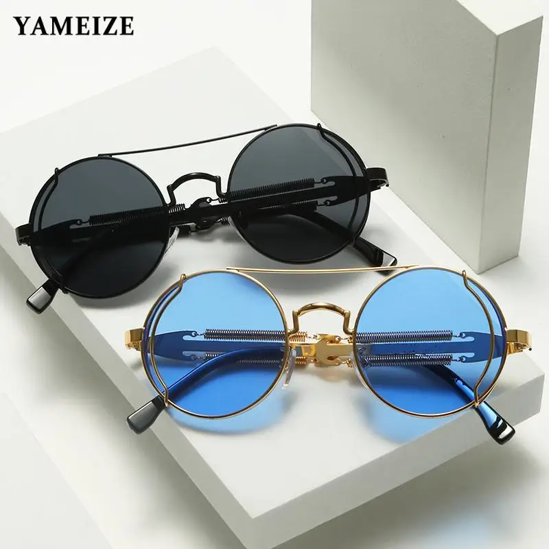 

Новинка 2022, солнцезащитные очки в стиле ретро для женщин, круглые металлические очки в стиле стимпанк с двойными пружинными дужками, брендовые дизайнерские очки для вождения UV400 YAMEIZE