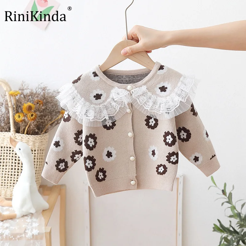 

RiniKinda 2022 Autumn Children Lovely Sweater Long Sleeve Cotton Kids Cardigan Single Cute Flowers Girls Knit Jacket Clothes