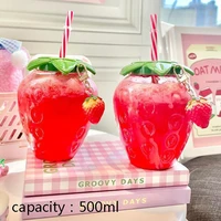 500ml summer cute strawberry straw water bottle milk coffee straw cup for home cute water bottle