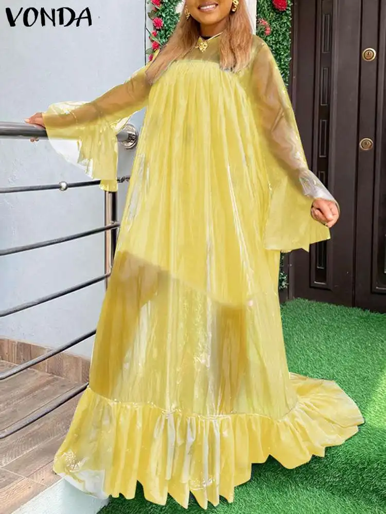 

VONDA Women Lace Dress 2022 Summer See Through Evening Party Dress Holiday Sundress Casual Vestidos Oversized Robe Femme 4#