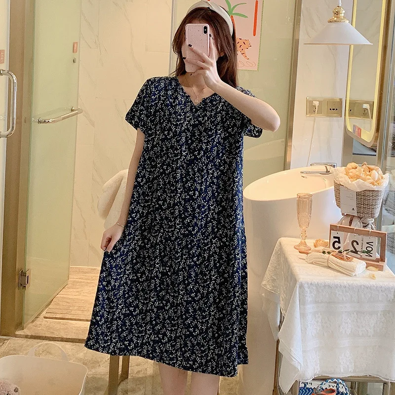 

Summer Spring Dresses For Middle-Aged And Elderly Mothers V-Neck Sen Style Cotton 100% Viscose Nightgown Large Size Leisure Wear