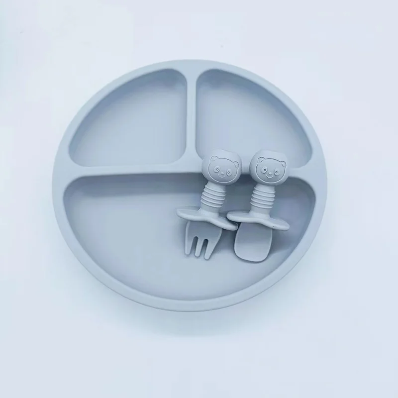 

Solid Silicon Plate Set Baby Snile plate set Kids Training Feeding Dinnerware Baby Learning Bear Head Spoon Fork Spoon BPA