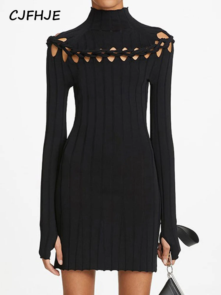

CJFHJE Women Black Sweater Dress Autumn Spring French Fashion Hollow Elegant Women's Dresses Out Stretch Knitted Bodycon Dress