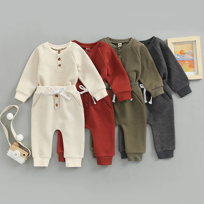 

Newborn Kids Waffle Fall Spring Outfits Boy Girls Solid Buttons Round Neck Long Sleeve Tops and Drawstring Pants Set 0-24M