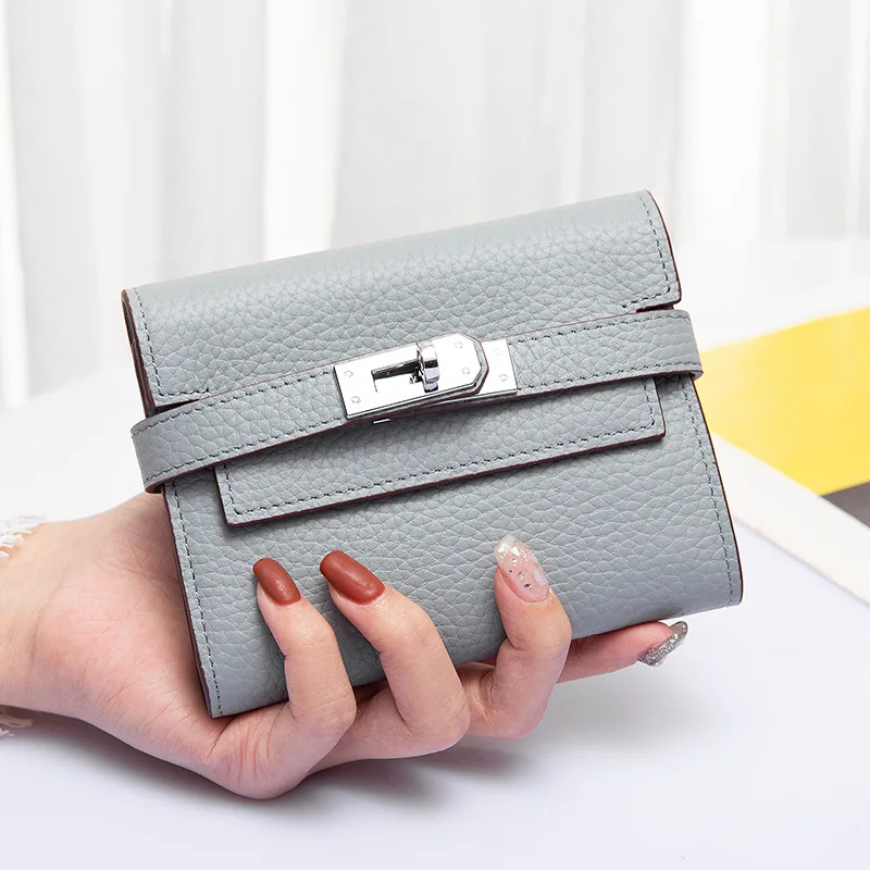 

New Women's Folding Genuine Leather Ｗallet Ladies Lock Catch Short Purse Clutches Card Holder Purse