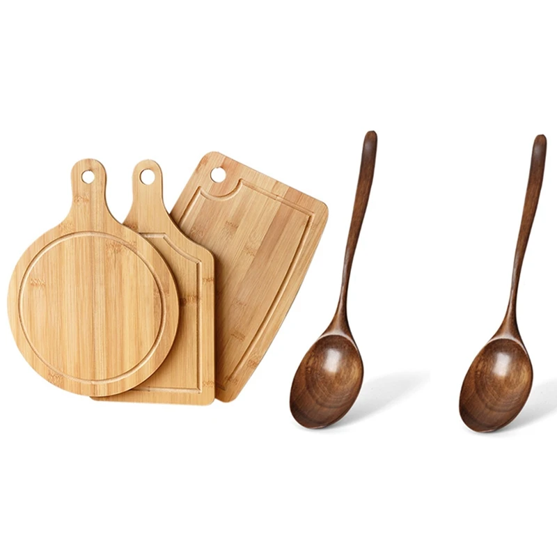 

3X Bamboo Cutting Board For Kitchen, Pizza Fruit Board & 2PCS Wooden Spoons Long Handle Cooking Mixing Food Spoon