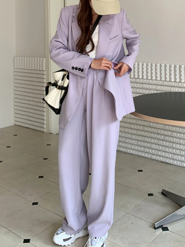 Women Purple Blazer 2 Pieces Set Solid Double Breasted Jacket Office Lady High Waist Pants Suit Female Korean Fashion Clothes