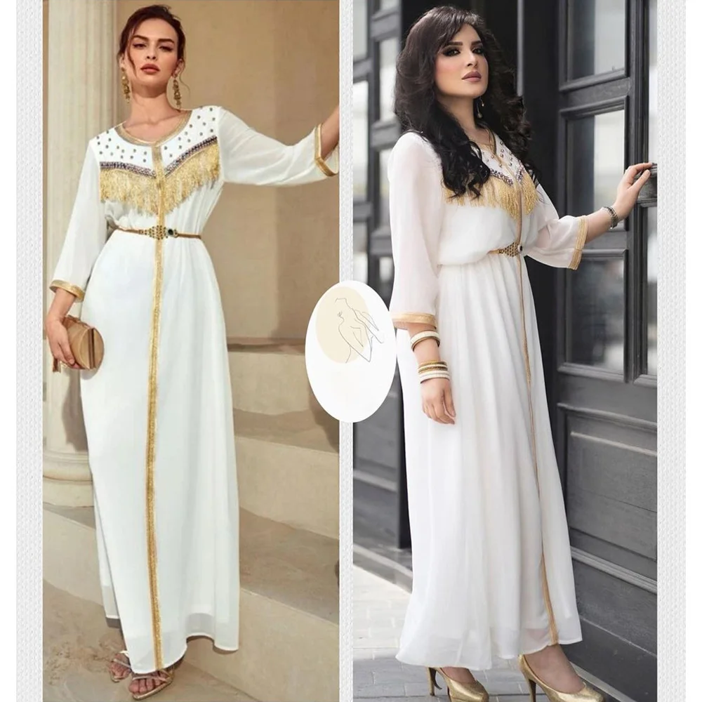 

2022 Muslim summer gold ribbon tassel bubble bead dress without belt