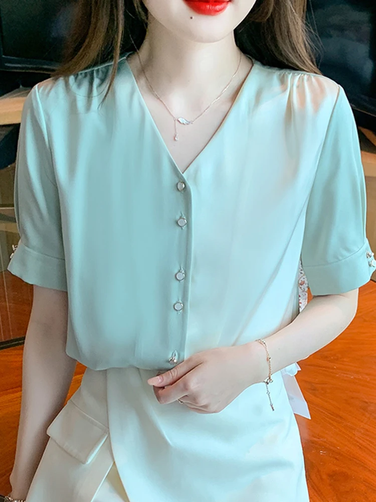 

Summer Women Tops Short Sleeve Green Chiffon Blouse Shirt Blusas Mujer De Moda 2023 Verano Elegantes V-Neck Blouse Women G535