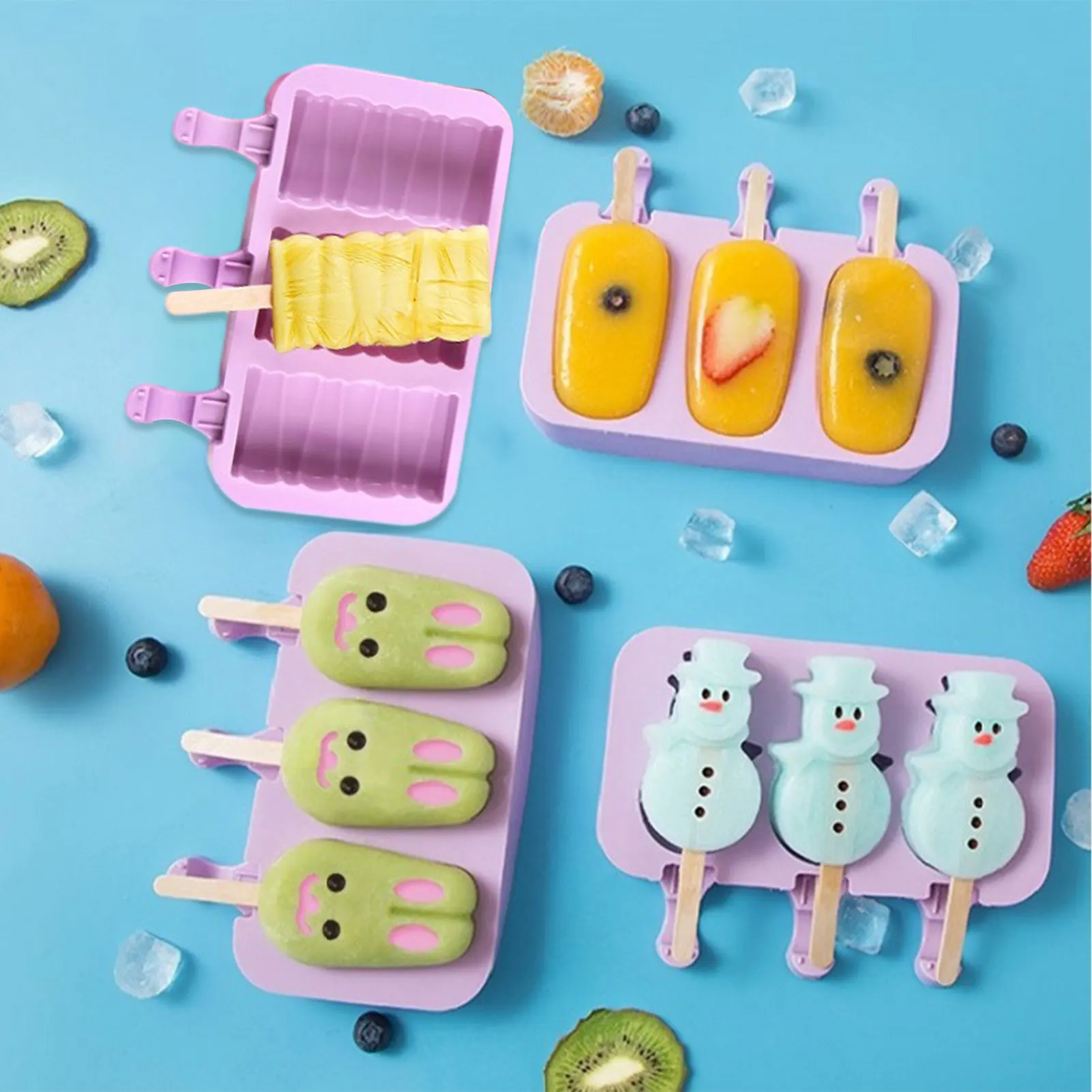 

Ice Cream Mold With 50 Wooden Sticks For DIY Silicone P-opsicle Molds Ice P-op Molds 3 Cavities Ice Cream Mold Cake P-op Mold