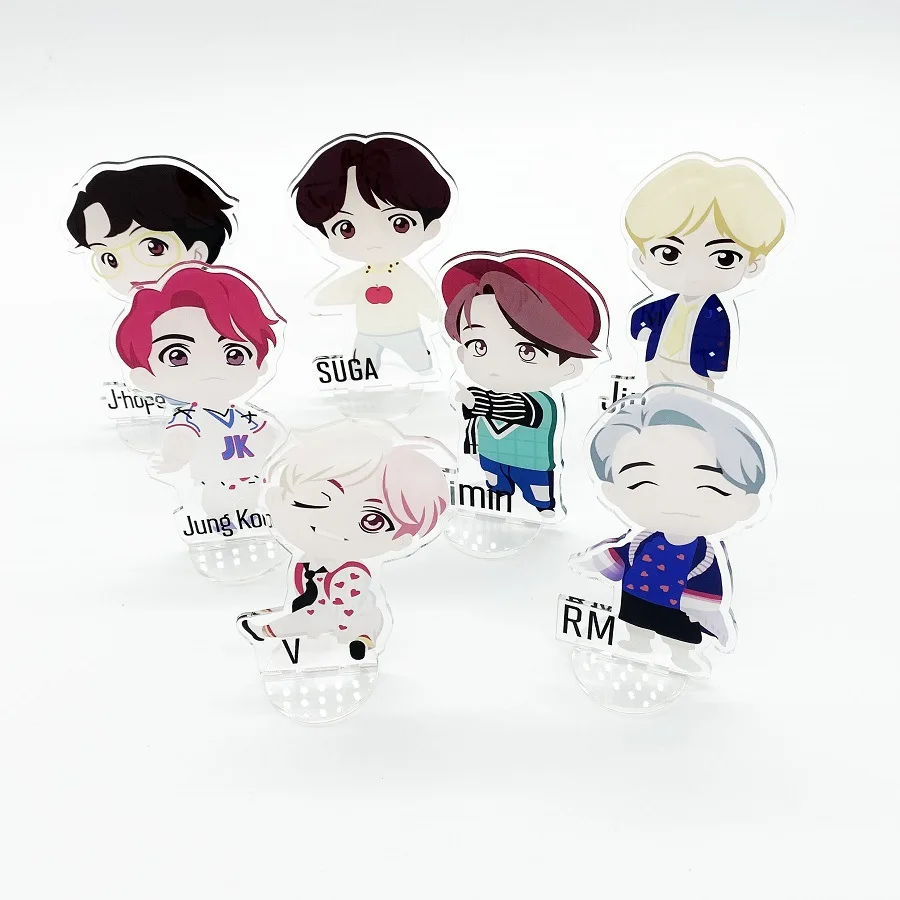 

Wholesale Kpop Bangtan Boys Q Version Flash Cartoon Small StationTransparent PVC Acrylic Stand Brand Statue Decoration Desktop