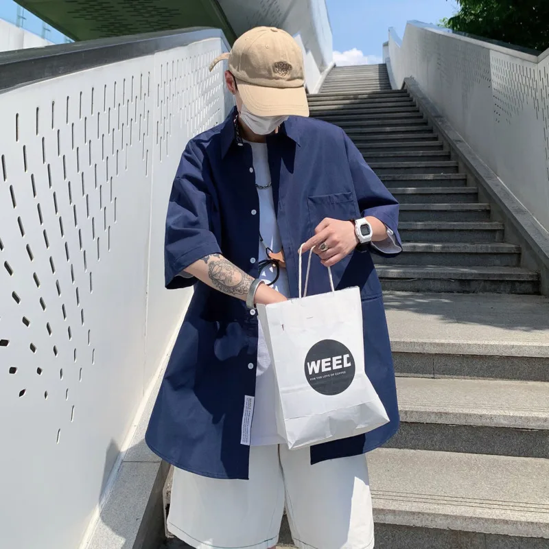Summer Long Shirt Men Fashion Casual Blue Short Sleeve Shirt Mens Japanese Streetwear Loose Oversized Shirt Men Trench Coat