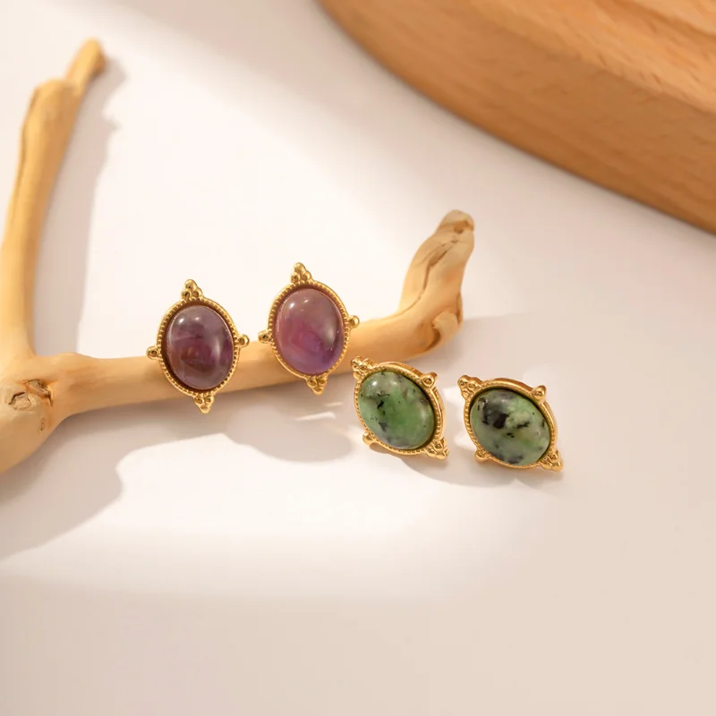 

Minar Vintage Multicolor Natural Stone Jade Stud Earrings 14K Gold Plated Stainless Steel Oval Earring for Women Casual Jewelry