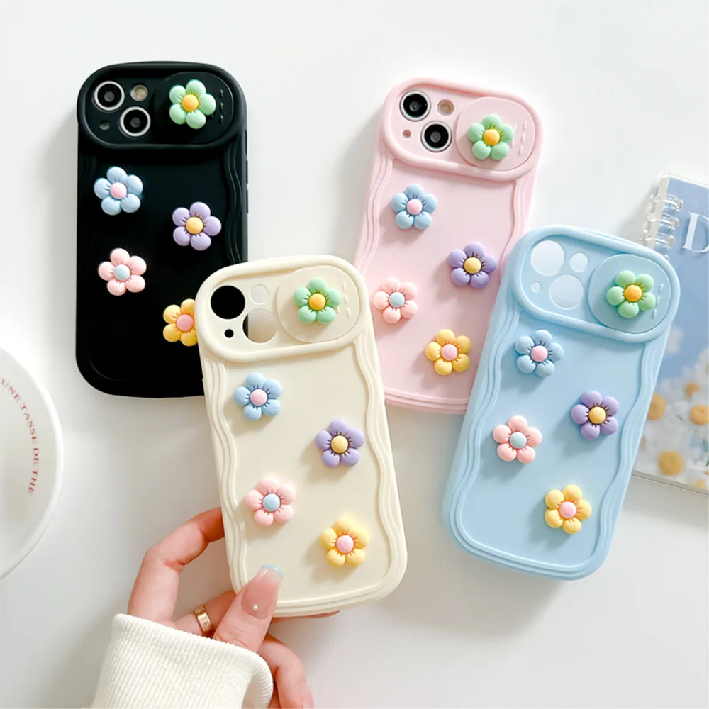 

3D Cute Sunflowers Push Window Slide Camera Protector Phone Case For iPhone 14 Pro 11 12Pro 13 13Pro Max Silicone Back TPU Cover