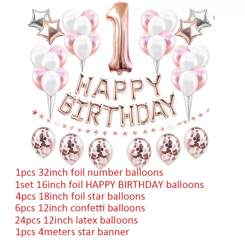 

First Happy Birthday Balloons Foil Number Ballon Banner 1st Baby Boy Girl Party Decorations My 1 One Year Supplies Rose Gold