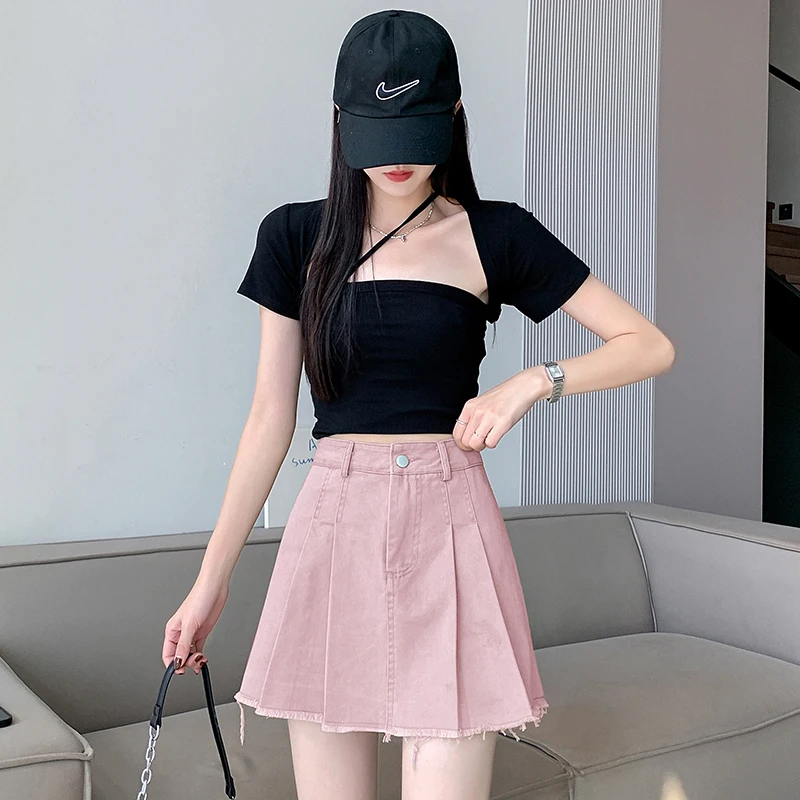 

2023 Summer New Washed Denim Pleated Half Skirt Fashion High Waist Slim Casual Short Skirt