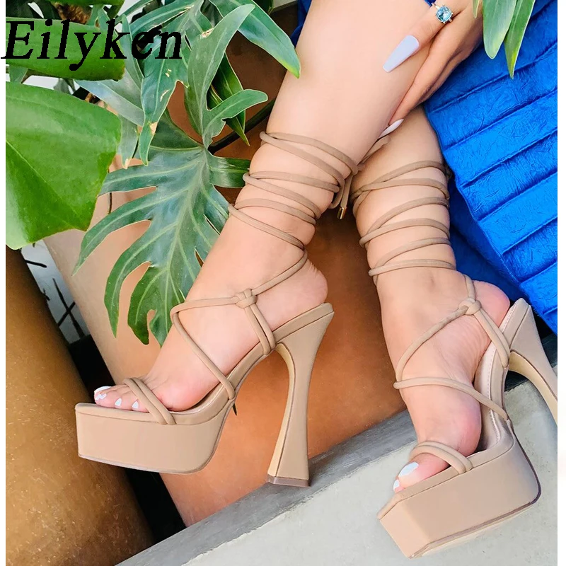 

Eilyken Silk Narrow Band Extreme High Heels Sandals Woman Platform Square Toe Cross Lace-Up Party Summer Shoes