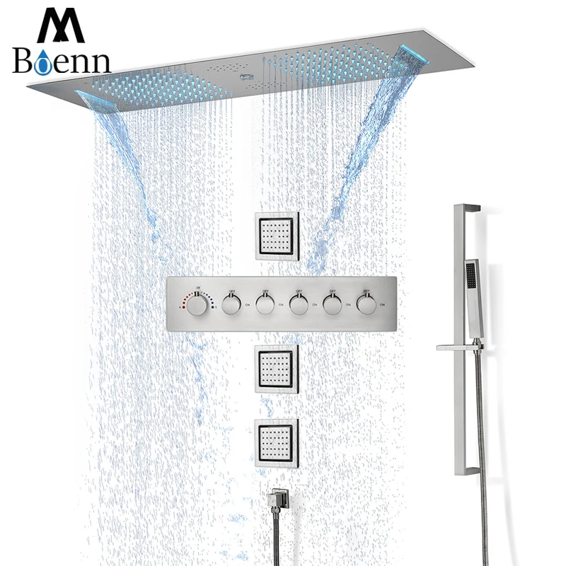 

M Boenn Embedded High Pressure Rain Shower Head Brushed Nickel 5 Functions Shower Set System Thermostatic Bathroom Faucets Brass