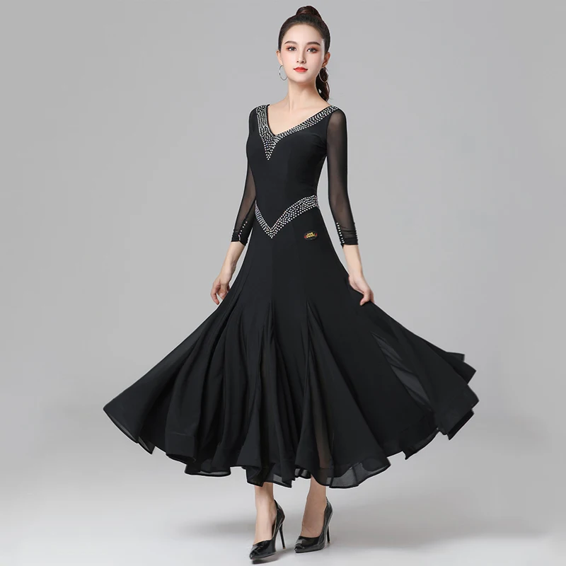 

Женское платье для бальных танцев, черное платье с сетчатыми рукавами и стразами, танцевальное платье для латиноамериканских танцев, танце...