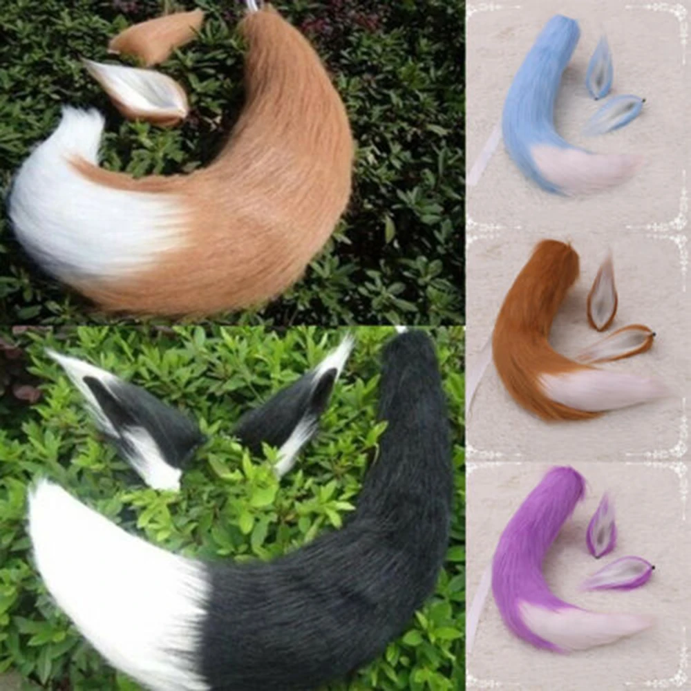 9cm Faux Fur Fox Wolf Simulation Ears Headband Set Furry Long Tail Cosplay Party Costume Props Fancy Dress Accessories