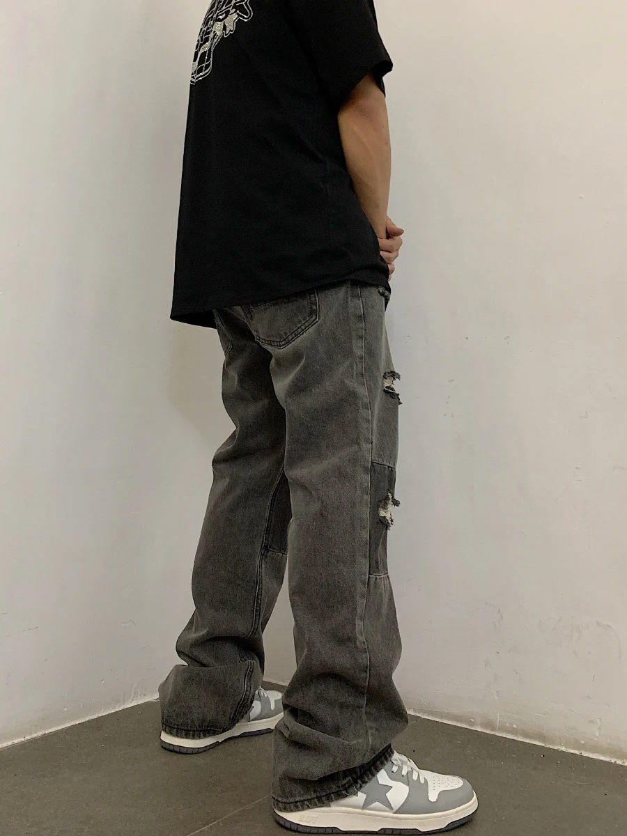 Four Seasons Men's Jeans Stitching Retro Ripped High Street Patch Straight Pants Casual Pants Streetwear Men Ins Hot Sale JEANS