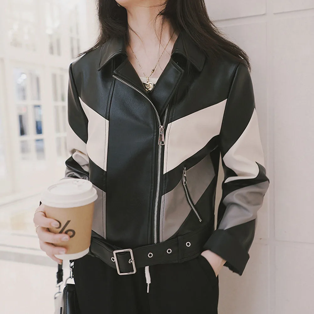 Women Short Motorcycle Pu Leather Jacket Spring Autumn color matching Lady Faux Soft Leather Coat Slim Zipper Outerwear