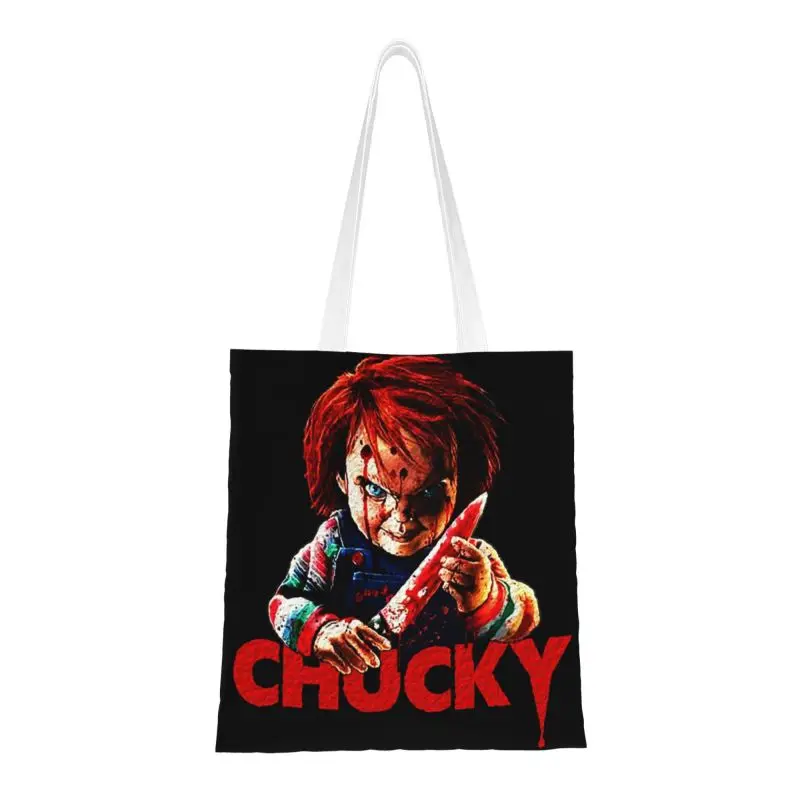 

Custom Chucky Killer Horror Halloween Canvas Shopping Bag Women Washable Groceries Child's Play Movie Shopper Tote Bags